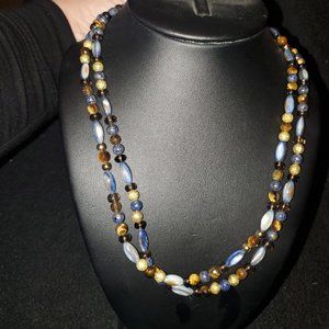 Double stranded beaded necklace - shell, lapis lazuli, tiger's eye, smoky quartz